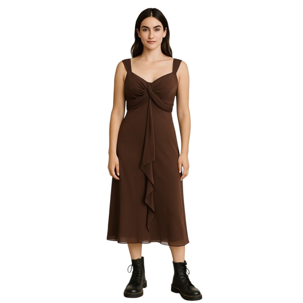 Vintage Womens Brown Silk Midi Babydoll Dress V-neckline Chiffon Ruffle Fairy‎